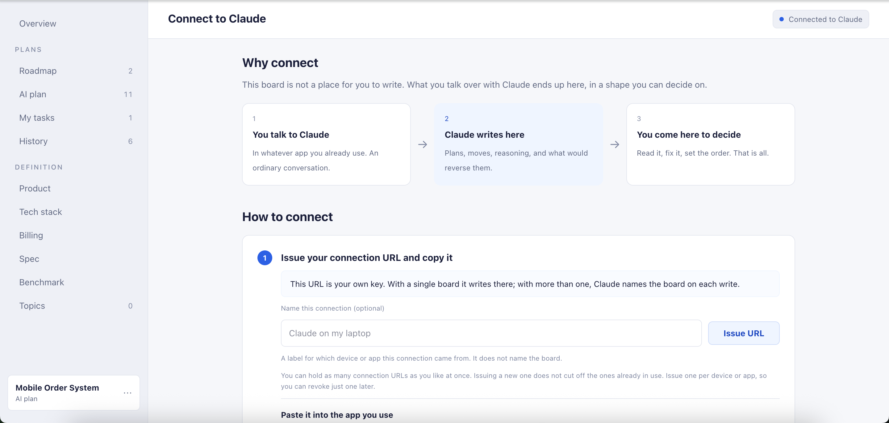 The connect screen, showing the issued connection URL and the steps for registering it with Claude.