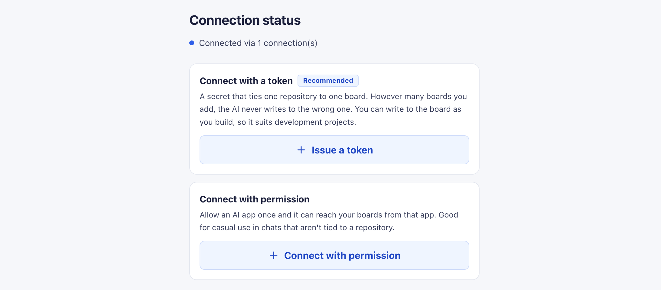 The "Connect your AI" screen offering "Connect with a token" for a repository and "Connect with permission" for an app such as the Claude app.