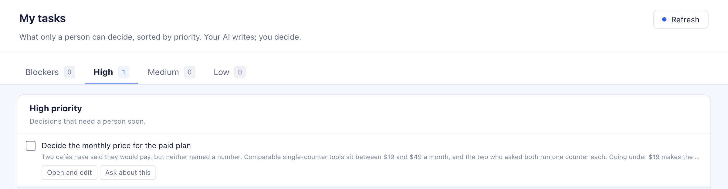 The "My tasks" list with one item: "Decide the monthly price for the paid plan".